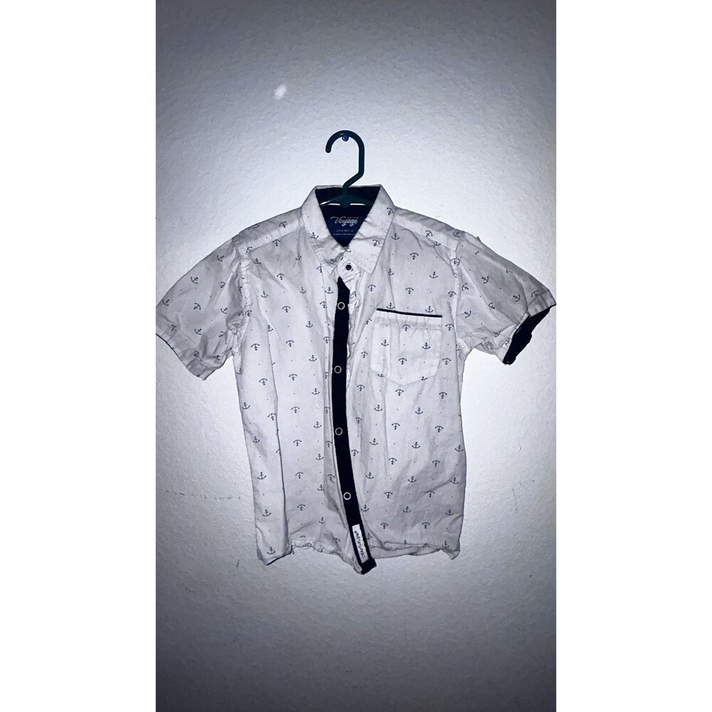 Craft + Flow Voyage Boys Size 7 small Short Sleeve Button Down Anchor White